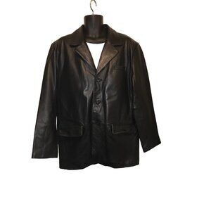 Michael Michelle Men Black Leather 3 Button 4 Pocket Blazer